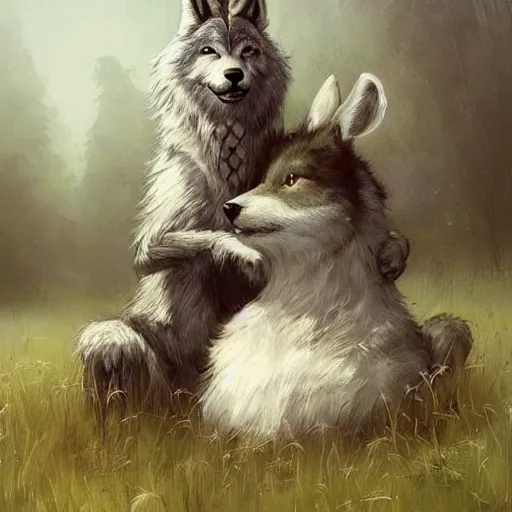 Image similar to A beautiful painting of an anthropomorphic wolf and rabbit sitting in a field and hugging, artstation trending, greg rutkowski