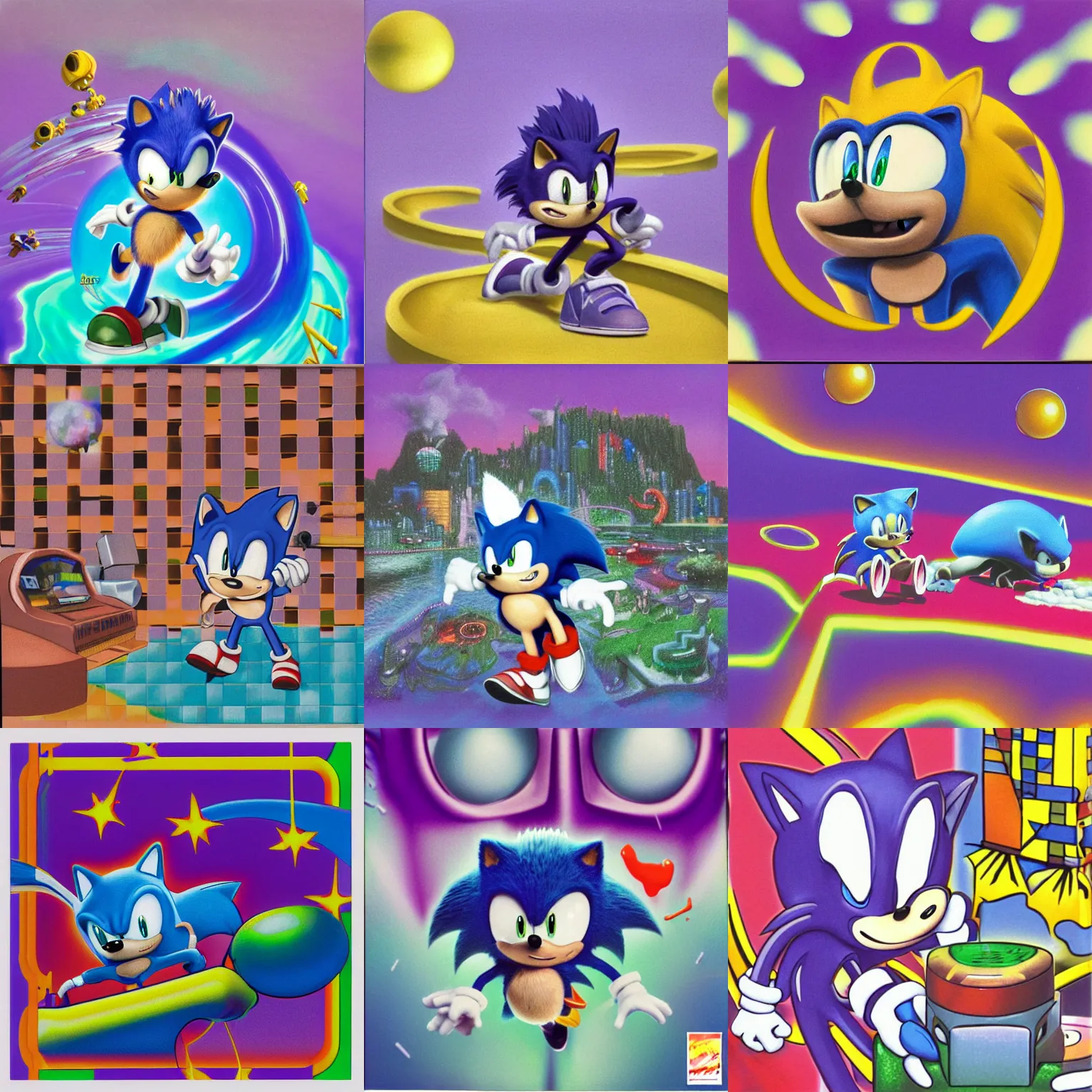 Image similar to polaroid portrait of sonic hedgehog and a matte painting landscape of a surreal, sharp, detailed professional, soft pastels, high quality airbrush art album cover of a liquid dissolving airbrush art lsd dmt sonic the hedgehog swimming through cyberspace, purple checkerboard background, 1 9 9 0 s 1 9 9 2 sega genesis rareware video game album cover