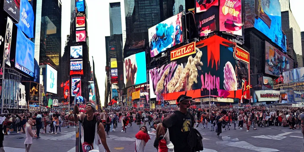 Image similar to Predator standing in Times Square Eating an Ice Cream Cone