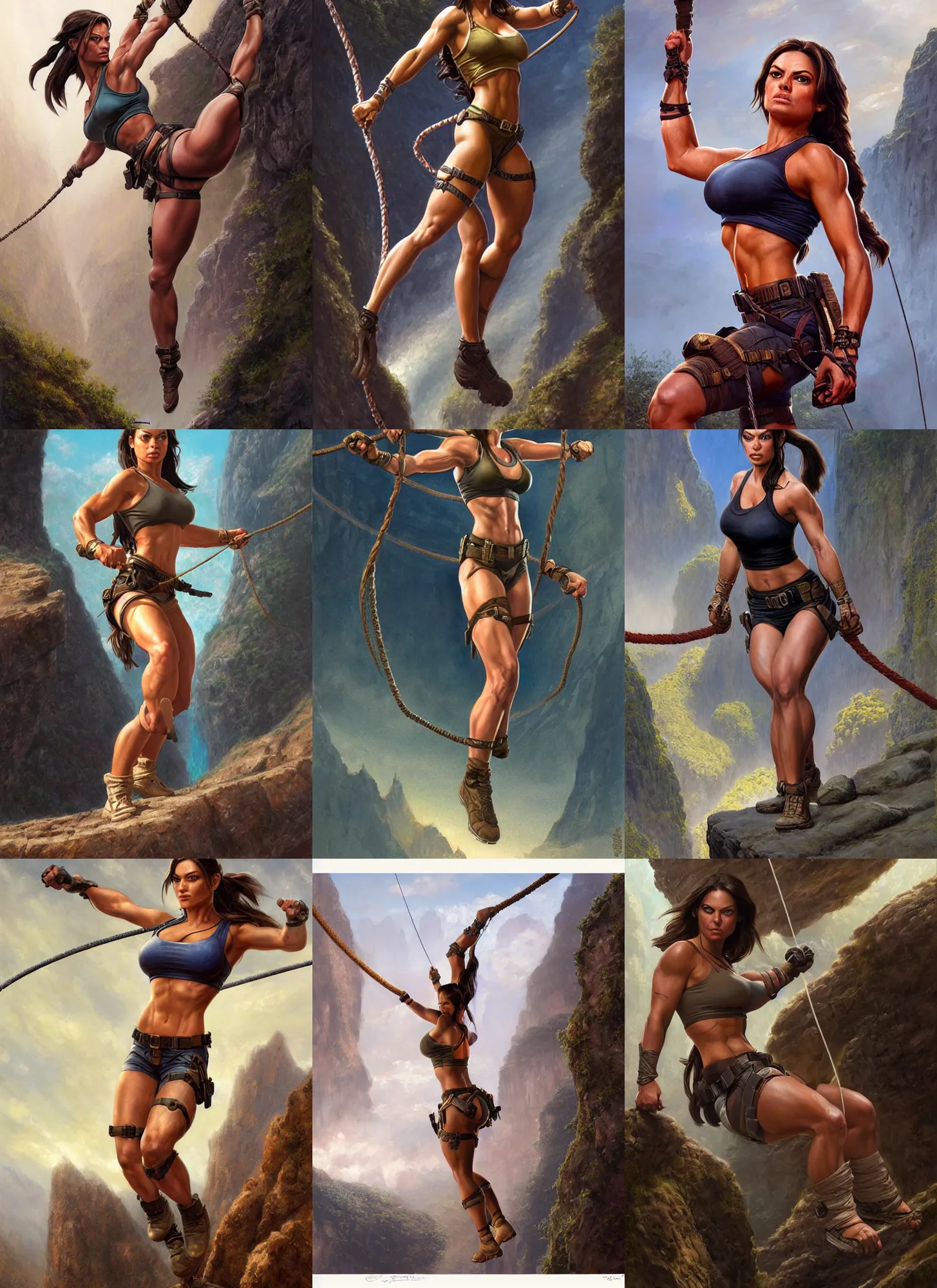 Prompt: portrait of very muscled Mila Kunis as Lara Croft balance walking a tight rope over deep chasm, elegant, highly detailed, centered, digital painting, artstation, artgerm, donato giancola, Joseph Christian Leyendecker, WLOP, Boris Vallejo, Artgerm