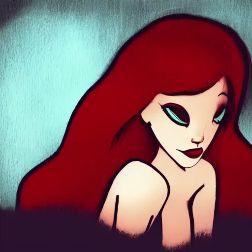 Image similar to a photo of a young woman. moody and melanchonic. disney artstyle. red, yellow
