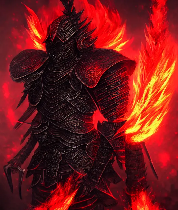 Prompt: a detailed manga character illustration of a dark warrior in black plated armour surrounded by red flames, trending on artstation, digital art, 4 k resolution, detailed, octane render, high quality, sharp focus, hq artwork, insane detail, concept art, character concept, character illustration, full body illustration