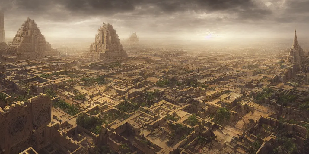 Prompt: A digital intricate illustration concept art of massive city of Babylon, stunning massive ornately Neo Babylonian Empire inspired art by Renato muccillo and Andreas Rocha and Johanna Rupprecht + symmetry + natural volumetric lighting, realistic 4k octane beautifully detailed render, 4k post-processing, highly detailed, intricate complexity, epic composition, magical atmosphere, cinematic lighting + masterpiece, trending on artstation