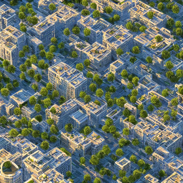 Image similar to a beautiful eco-city center full of skybridges and terraces, sunbeams, golden hour, detailed, realism, 8k high resolution