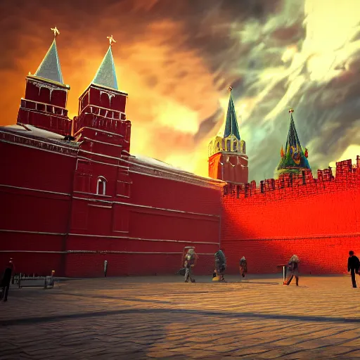 Image similar to a big nuclear explosion in Red Square Kremlin, dynamic lighting, clouds, cinematic, extremely high detail, photo realistic, cinematic lighting, post processed, concept art, artstation, matte painting, unreal engine 8k