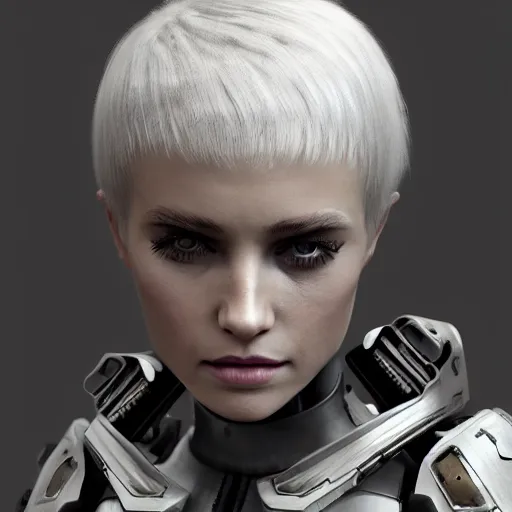 Image similar to portrait beautiful tall female cyborg, glamorous brilliant short white hair, wearing brutalist industrial military body armor, art by Joseph Cross, Trending on Artstation, digital art, highly detailed, intricate, sci-fi, sharp focus, Trending on Artstation HQ, deviantart, unreal engine 5, 4K UHD image