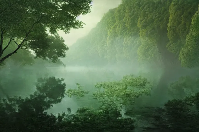 Image similar to a beautiful painting of a vast serene landscape with trees and rivers, green matrix code, detailed, deep focus, movie still, dramatic lighting, ray tracing, by michal karcz and ryoji ikeda