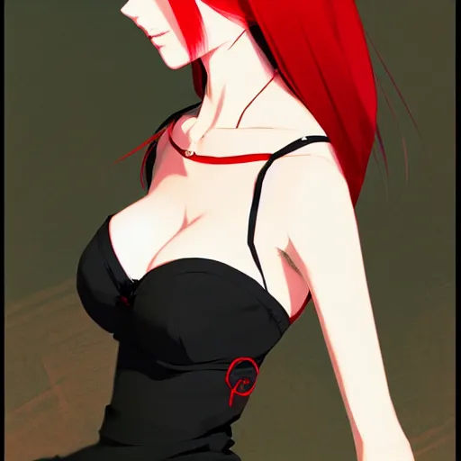 Prompt: elegent girl with red hair and green eyes, wearing a camisole, red and black color palette, in the style of and ilya kuvshinov and greg rutkowski, high quality anime artstyle, intricate