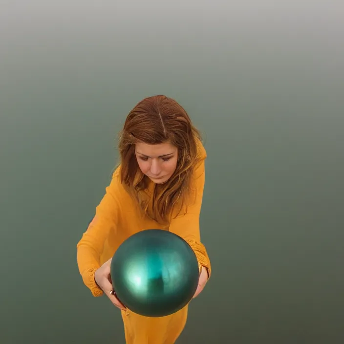 Prompt: a color photograph, closeup portrait of a woman wrapped in gold, standing next to a levitating turquoise orb, in a foggy lake, color photograph, by vincent desiderio, canon eos c 3 0 0, ƒ 1. 8, 3 5 mm, 8 k, medium - format print