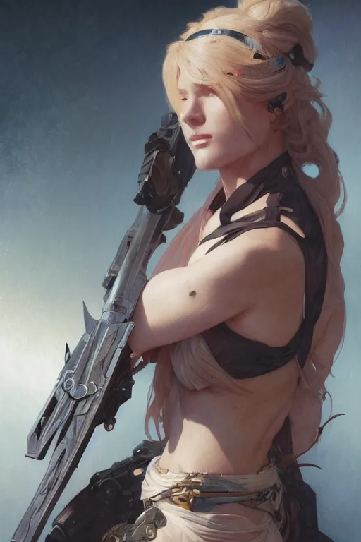 Prompt: a female bounty hunter, arcane, intricate, elegant, highly detailed, digital painting, artstation, concept art, smooth, sharp focus, illustration, art by artgerm and greg rutkowski and alphonse mucha and william - adolphe bouguereau