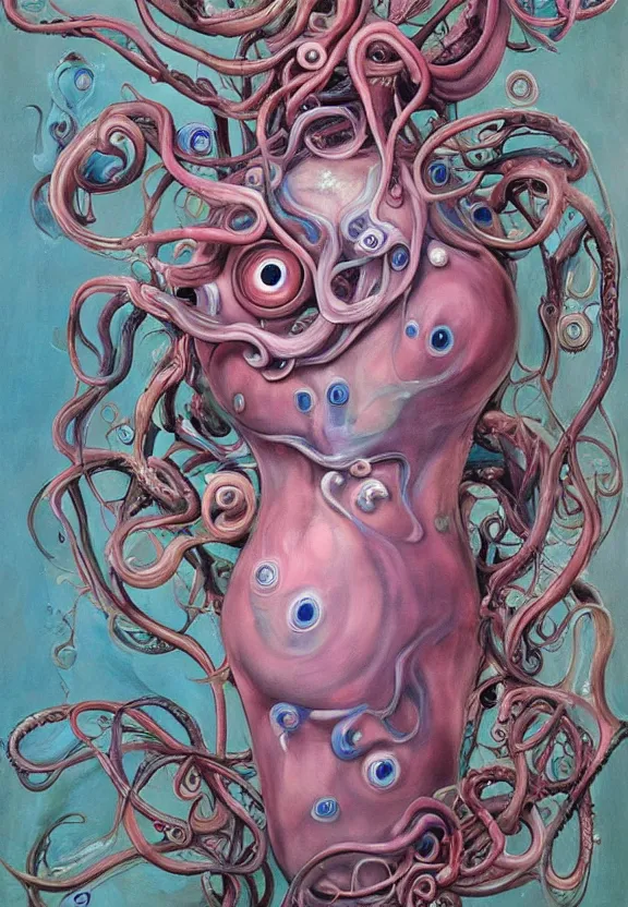 Image similar to a biomorphic painting of a vase with flowers and eyeballs, surrealist painting by marco mazzoni, by dorothea tanning, pastel blues and pinks, tentacles, melting, plastic, skull, featured on artstation, metaphysical painting, oil on canvas, fluid acrylic pour art, airbrush art, seapunk, rococo, lovecraftian