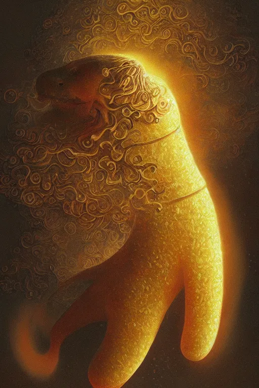 Image similar to Intricate stunning highly detailed sentient hot dog by agostino arrivabene and Vladimir Kush, surreal, digital painting, ultra realistic, Horror vacui, dramatic lighting, full moon, thick black swirling smoke tornado, burning fire embers, artstation