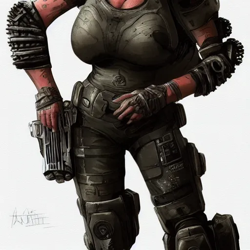 Prompt: Jenette Vasquez from aliens wearing gears of war armor, artstation