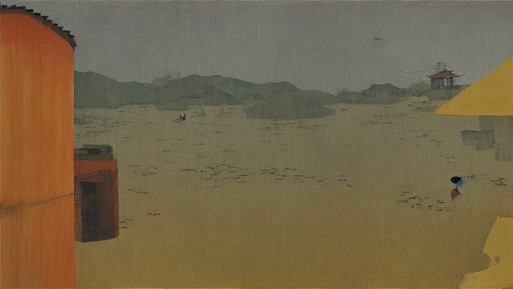 Image similar to a chinese prison near a river by peter doig, muted colors