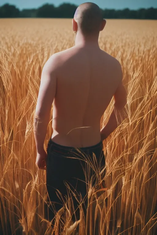 Prompt: agfa vista 4 0 0 photograph of a guy with intricate back tattoos standing in a wheat field, back view, lens flare, moody lighting, moody vibe, telephoto, 9 0 s vibe, blurry background, grain, tranquil, calm, faded!,