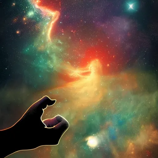 Prompt: a chimpanzee floating through outer space reaching out and touching nebula with it's finger, digital art, concept art, DeviantArt, art station illustration highly detailed artwork cinematic hyper realistic