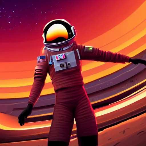 Image similar to A wide angle shot from below of a female astronaut with a feminine body walking with swagger towards camera on mars in an infinite universe , synthwave digital art