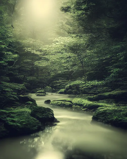 Image similar to a gently flowing stream in the middle of a japanese forest at night, dark and dim lighting, beautiful, tranquil, moody, cinematic, fantasy, 3 5 mm lens, volumetric lighting, first person view, photographic render, hyper realistic
