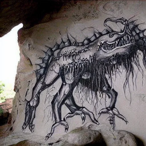 Prompt: ancient monsters drawn on cave wall amazing creeoy detailed