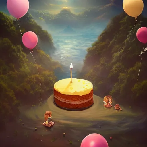 Prompt: a giant floating cake suspended to plenty of floating birthday balloons. beautiful landscape. digital art, highly - detailed, artstation cgsociety masterpiece