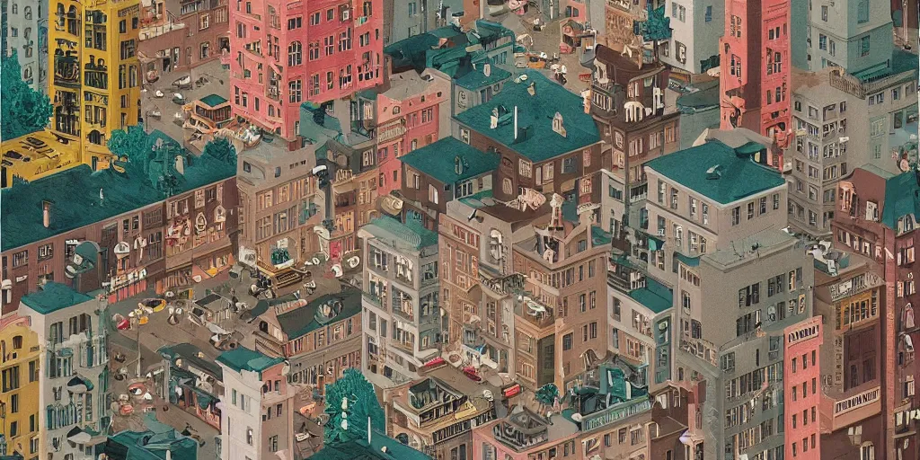 Image similar to A cityscape illustrations, by Wes Anderson, hyper detailed, intricate