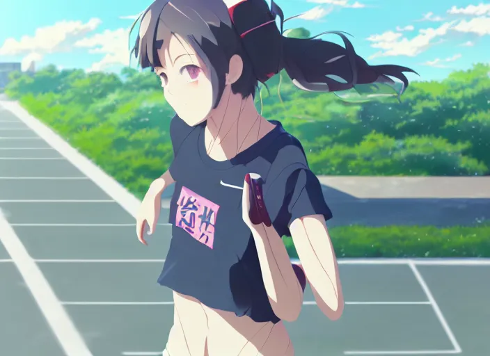 Prompt: portrait of high school runner girl, sunny sky background stadium landscape illustration concept art anime key visual trending pixiv fanbox by wlop and greg rutkowski and makoto shinkai and studio ghibli and kyoto animation symmetry red sports clothing marathon yellow running shoes number tag