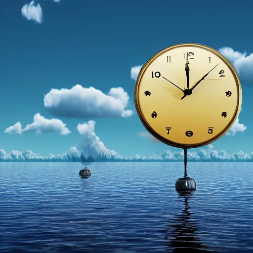 Image similar to a clock floating on an floating island, there are clouds around, it is on earth, on the background there are other floating islands too, floating at the ozone layer, cartoony, 4 k resolution, award winning