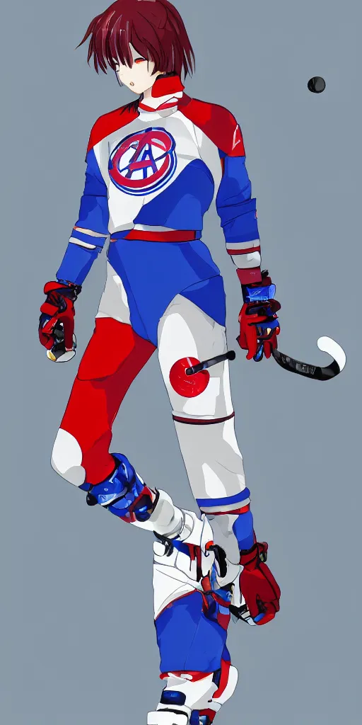 Image similar to female akira anime cyberpunk super star ice hockey player, wearing a light futuristic habs jersey, blue white and red color blocking, character concept exploration, outfit designs, trending on artstation, photorealistic, 8k