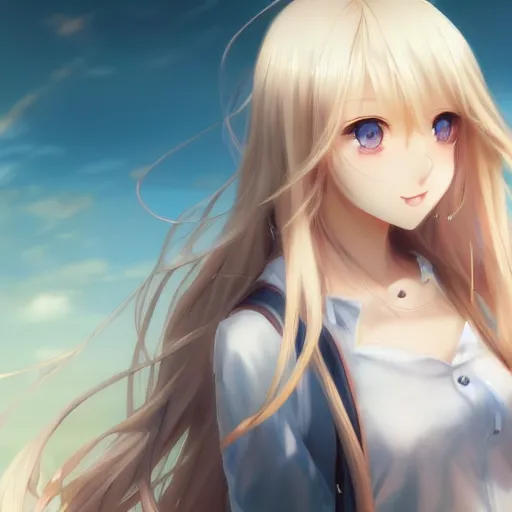 Image similar to a very beautiful anime cute girl, full body, long wavy blond hair, sky blue eyes, full round face, short smile, fancy top, miniskirt, front view, medium shot, mid-shot, highly detailed, cinematic wallpaper by Stanley Artgerm Lau