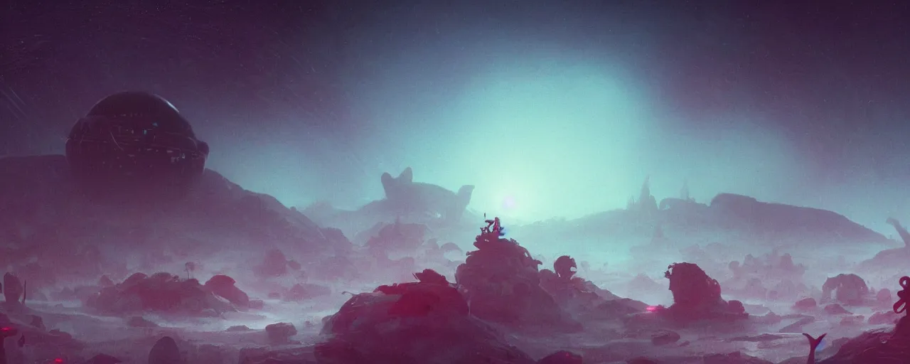 Prompt: ” outer planet with thick fog and alien artefacts, [ cinematic, detailed, epic, widescreen, opening, establishing, mattepainting, photorealistic, realistic textures, octane render, art by paul lehr ] ”