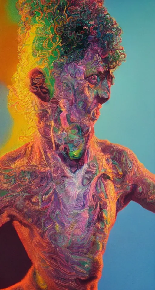 Image similar to weird and disturbing psychedelic pauly shore, diffuse lighting, fantasy, intricate, elegant, highly detailed, lifelike, photorealistic, oil painting, illustration, concept art, smooth, sharp focus, art by francis bacon