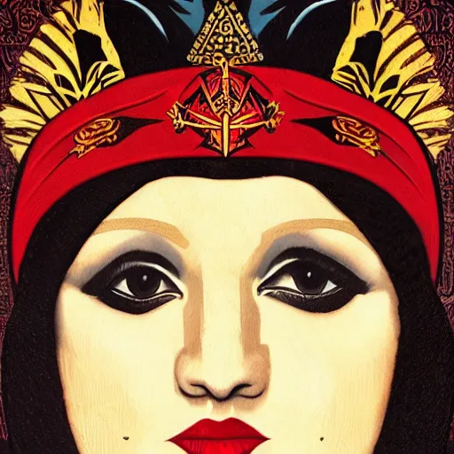 Prompt: Illustrated by Shepard Fairey and H.R. Geiger | a renaissance style portrait painting of raven winged female vampire in VR helmet, wearing a crown and cape, dark background