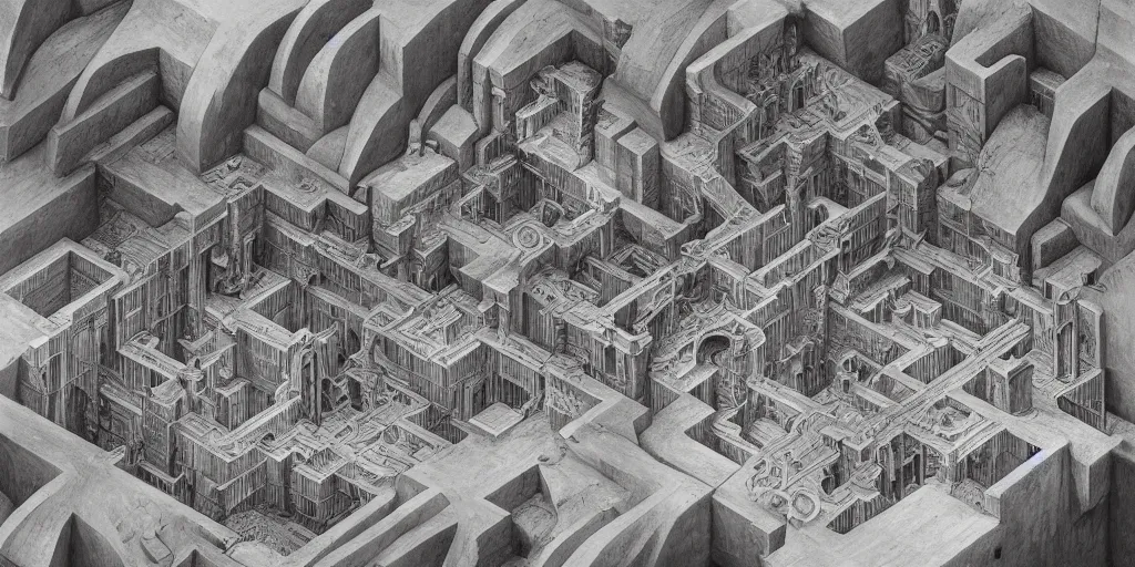 Image similar to isometric perspective, labyrinthine dilapidated prison architecture by mc escher, piranesi and mandelbrot, ricardo bofill. utopian landscape by roger dean. magical realism, zdzisław beksinski, giger biomechanical horror, surrealism, waterfalls, trending on artstation, shot from below,