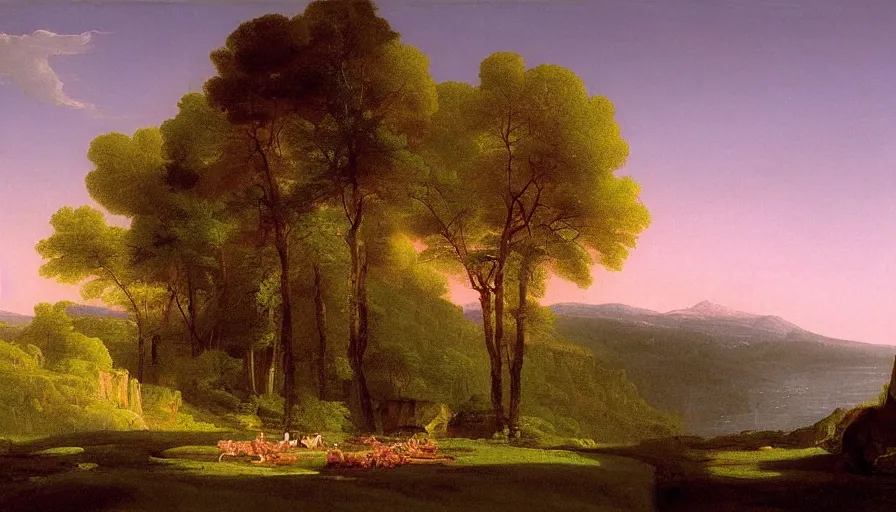 Image similar to pink american landscape, painted by thomas cole