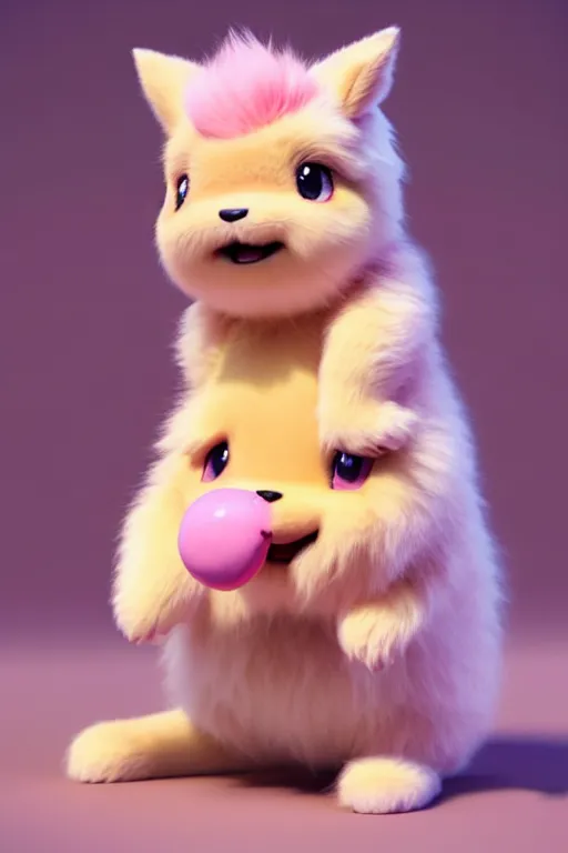 Image similar to high quality 3 d render hyperrealist very cute pastel fluffy! anthropomorphic westie eating giant ice cream full body, vray smooth, in the style of detective pikachu, hannah yata charlie immer, very dramatic pink light, low angle, uhd 8 k, shallow depth or field