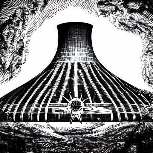 Image similar to nuclear reactor in fallout Kim Jung Gi black and white
