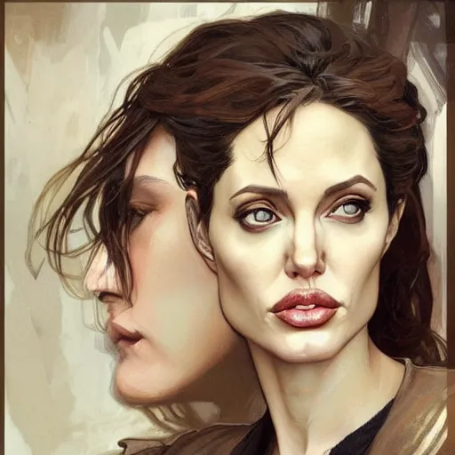 Image similar to portrait of angelina jolie by greg rutkowski, alphonse mucha and ayami kojima, refined, wearing a oversized jumper jumpsuit, scifi, highly detailed portrait, digital painting, artstation, concept art, smooth, sharp foccus ilustration, artstation hq