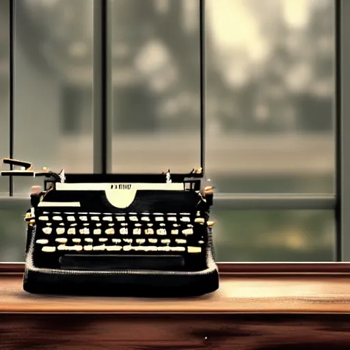 Image similar to Digital art of a typewriter sitting on a desk, there is a window behind it, gentle light lights the room from outside, very detailed, beautiful, realistic