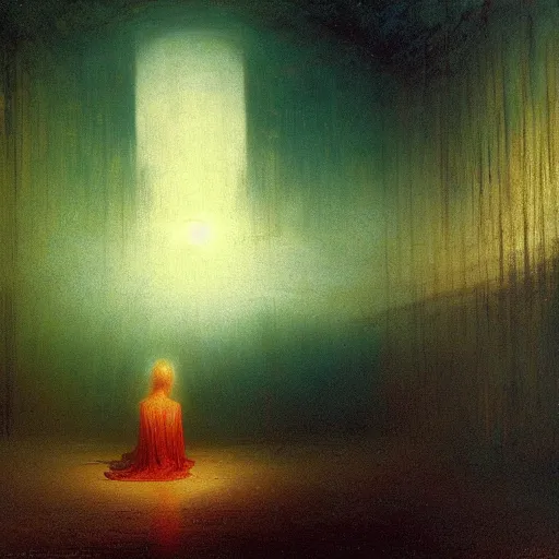 Image similar to a young woman lucid dreaming in cyberspace photoreal, atmospheric, by william turner, beksinski, caspar david friedrich, oil painting, romantism, realism, limited palette