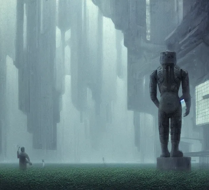 Image similar to Matte Painting of an astronaut in an empty dark flooded ballroom overgrown with aquatic plants, film still from the movie directed by Denis Villeneuve with art by zdislav beksinski and wayne barlowe, cyberpunk, highly detailed, trending on artstation, wide lens, dark and foreboding.