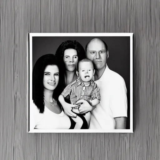 Image similar to symmetrical human 1 9 9 0 s family portrait of the simpsons, grainy high contrast black and white photography photo print ilford warm tone, high definition studio photograph