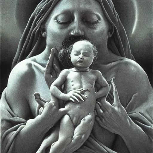 Image similar to baby jesus holy and sacred by zdzisław beksinski, by zdzisław beksinski, by zdzisław beksinski, by zdzisław beksinski, by zdzisław beksinski