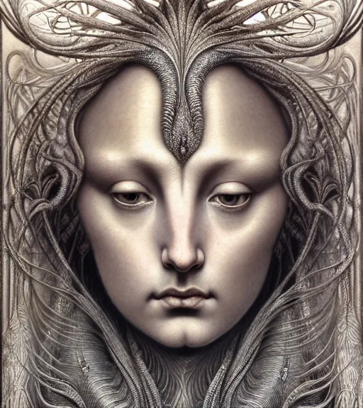 Prompt: detailed realistic beautiful silver goddess face portrait by jean delville, gustave dore, iris van herpen and marco mazzoni, art forms of nature by ernst haeckel, art nouveau, symbolist, visionary, gothic, neo - gothic, pre - raphaelite, fractal lace, intricate alien botanicals, biodiversity, surreality, hyperdetailed ultrasharp octane render