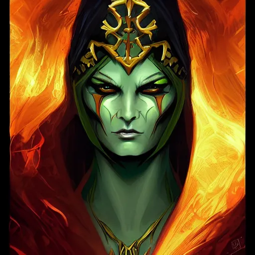 Image similar to intimidating portrait commission of a D&D cult leader wearing black robes and a golden mask. green eyes like spawn. Black Background with red swirls. character design by charlie bowater, detailed, inked, western comic book art