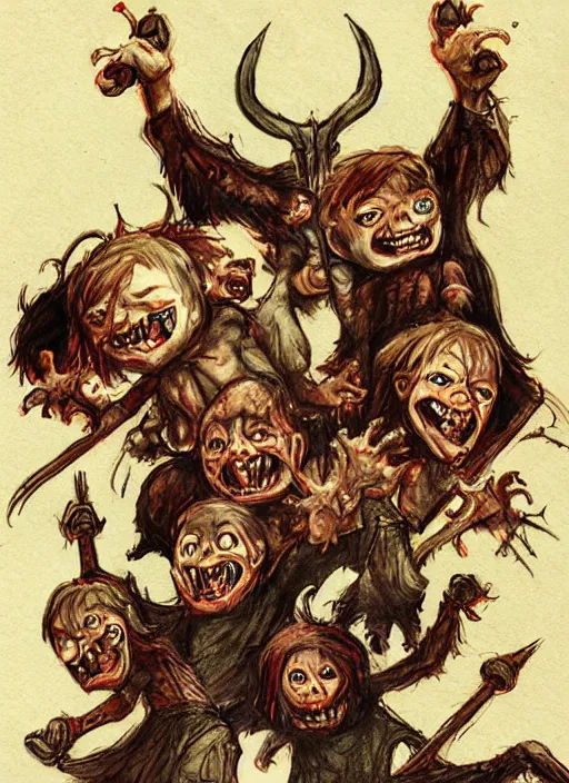 Image similar to demonic munchkins possessed by the devil, in the style of brom