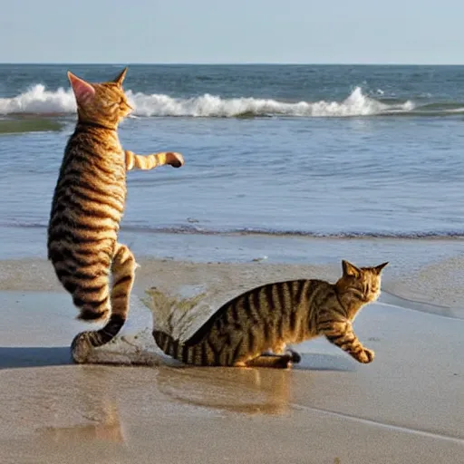 Image similar to a photo superhero tabby cat fightning a crocodile on a sunny beach