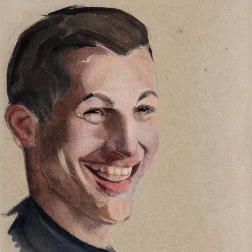 Image similar to a portrait of a caucasian man with wavey short hair, friedly smile, layered paper, muted color palette