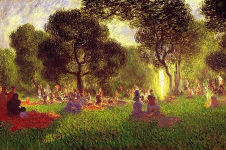 Image similar to a detailed illustration of a god ruining a picnic in the park, nightmare in the park, small crowd of people, calamity, dark storms with lightning, 8 k, art by claude monet and andreas rocha and albert bierstadt