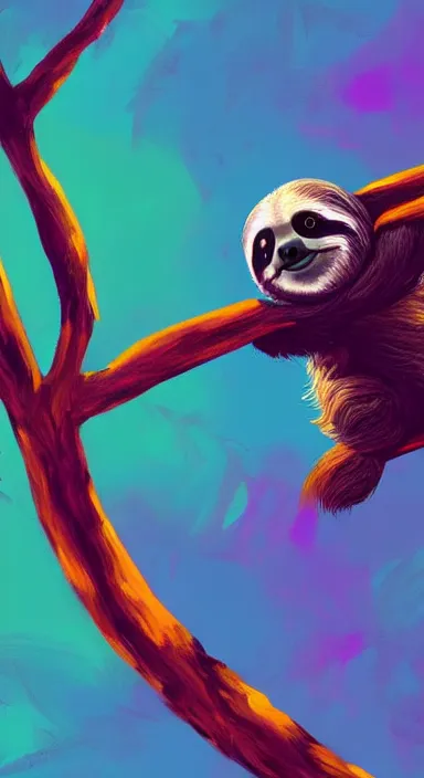 Image similar to very dark background, a cute sloth hanging on a tree, made of bright colored thick flowing dramatic brush strokes, matte colors, impressionist, trending on artstation