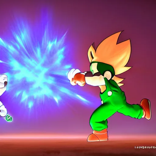 Image similar to luigi and son goku fighting, intense fight, epic lighting